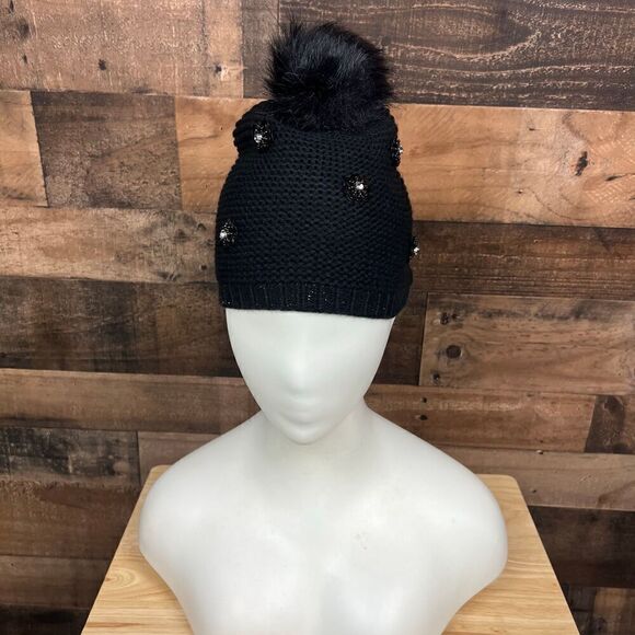Neiman Marcus Hat Pom Pom Beanie Black Floral Embellished Bling Women One Size - Picture 9 of 11